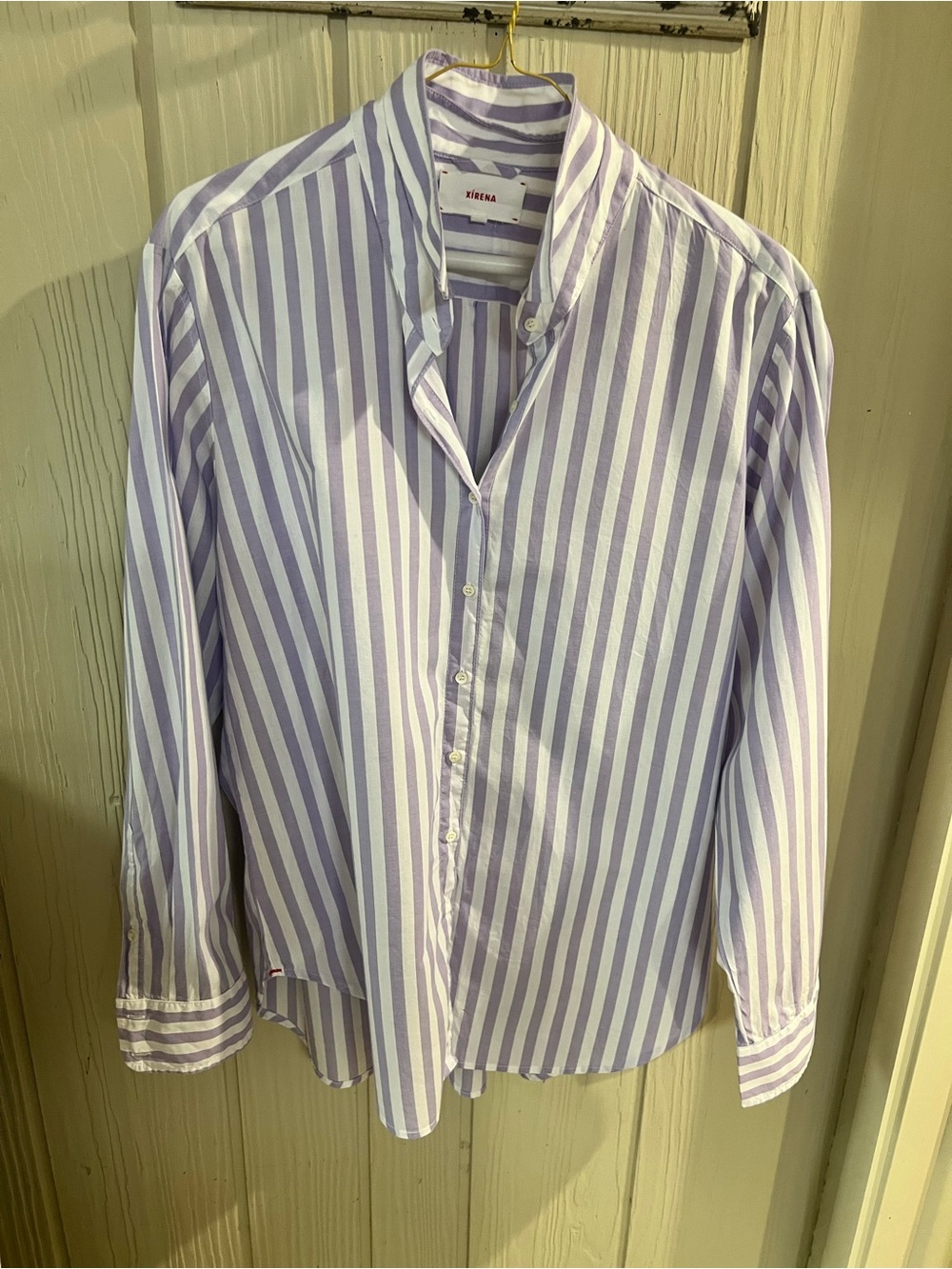 Xirena purple/white stripe button up shirt, size M
